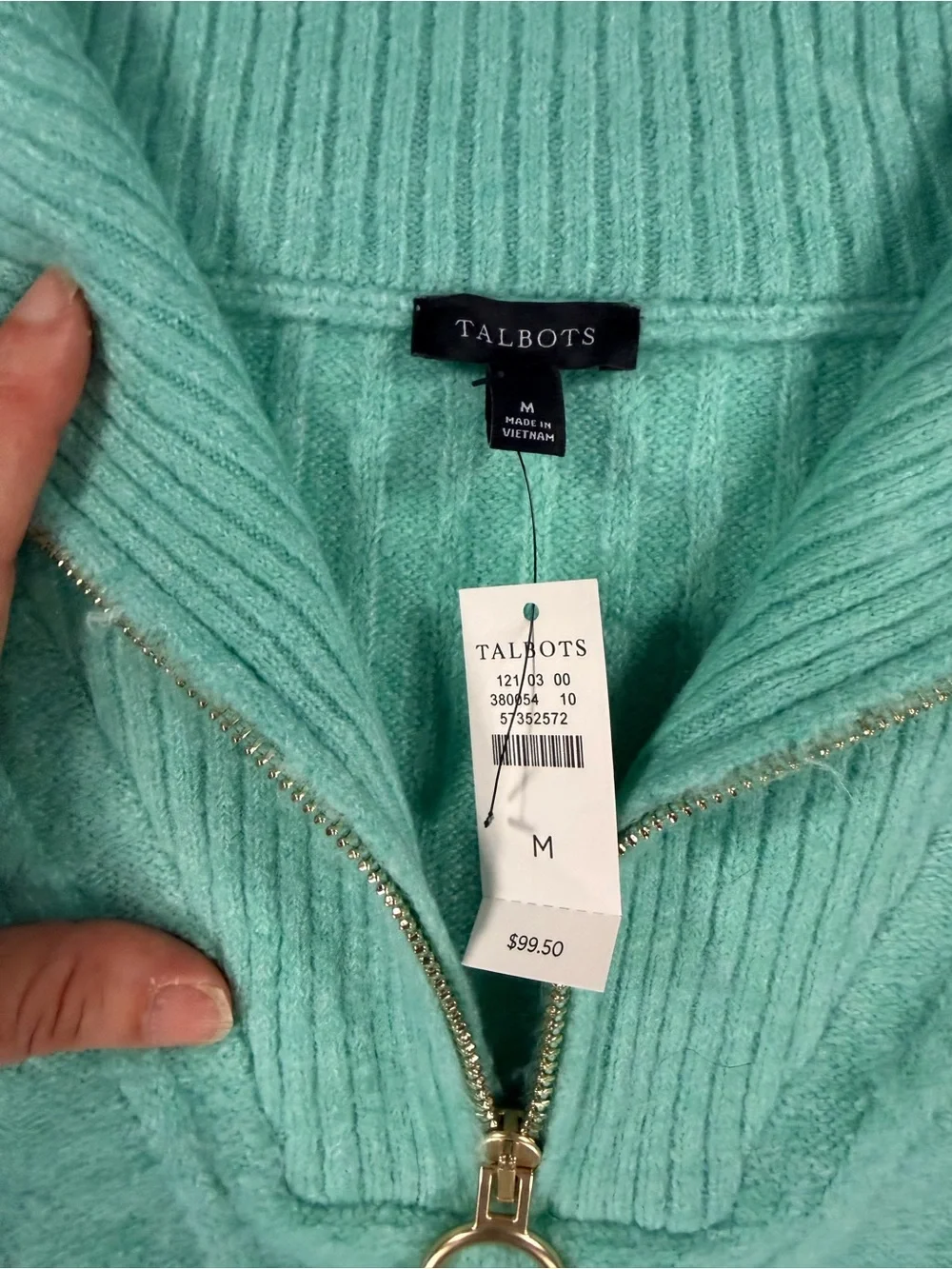 Talbots Seafoam Green Quarter Zip Cable Knit Mock Neck Sweater Gold Zip M NWT